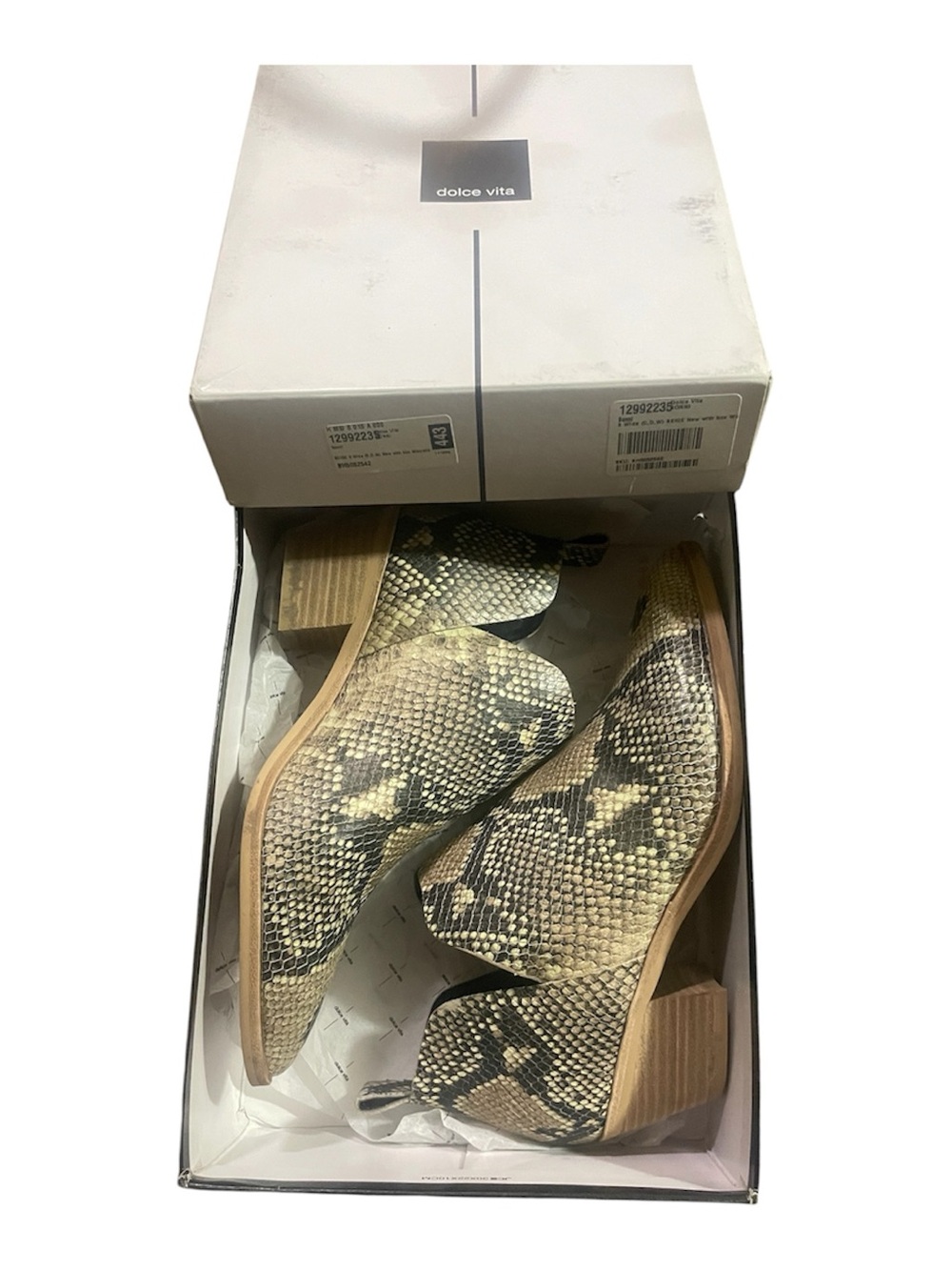 Dolce Vita Snake-Print Pointed Ankle Booties in Beige and Black